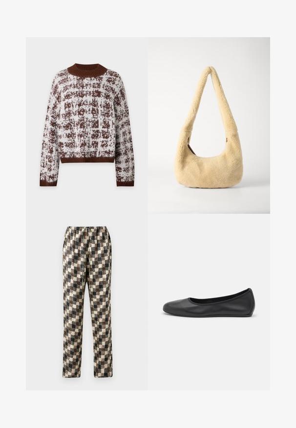 Pull en maille marron et blanc à motifs avec col, poignets et ourlet en côtes, avec un col ras du cou haut et des manches longues.; Pantalons à carreaux dans des teintes de noir, marron et crème avec une taille élastique ; tissu lisse avec un motif légèrement texturé.; Ballerines en cuir noir avec un bout rond, texture lisse, détails de couture minimalistes et design de semelle flexible.; Sac à épaule en shearling beige avec une poignée incurvée et une forme arrondie. La texture est douce et pelucheuse, avec des accents matériels minimaux.