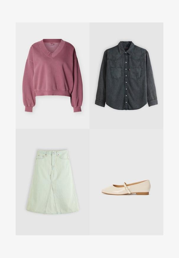 Mauve cropped sweatshirt met V-hals, lange pofmouwen, geribbelde boorden en een geribbelde tailleband op een witte achtergrond.; Donkergrijs denim overhemd met lange mouwen, knoopsluiting aan de voorkant, twee borstzakken, puntige kraag en een Western-stijl inzetstuk met stiksel.; Lichtgroene denim A-lijnrok met een voor split, vijf zakken en metalen hardware. Heeft een hoge taille en contrasterende stiksels.; Beige laarzen in patentrein met een vierkante neus, een kleine hak en een verstelbare enkelband met een gouden gespaccent.