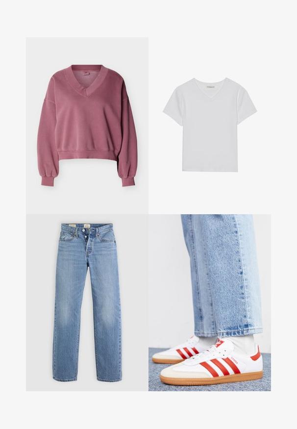 Mauve cropped sweatshirt med V-udskæring, lange pufærmer, ribstrikkede manchetter og ribstrikket taljebånd på en hvid baggrund.; Hvid kortærmet V-hals t-shirt lavet af ribbet stof. Har et rent design med en lige kant og minimal detaljer.; Lysblå denimjeans med lige ben-design, metalknaplukning, forlommer og diskrete falmenotater over det hele.; Hvide lædersneakers med røde striber og accenter. Har en tekstureret gummisål og polstret krave. Bæres med lyseblå denim.