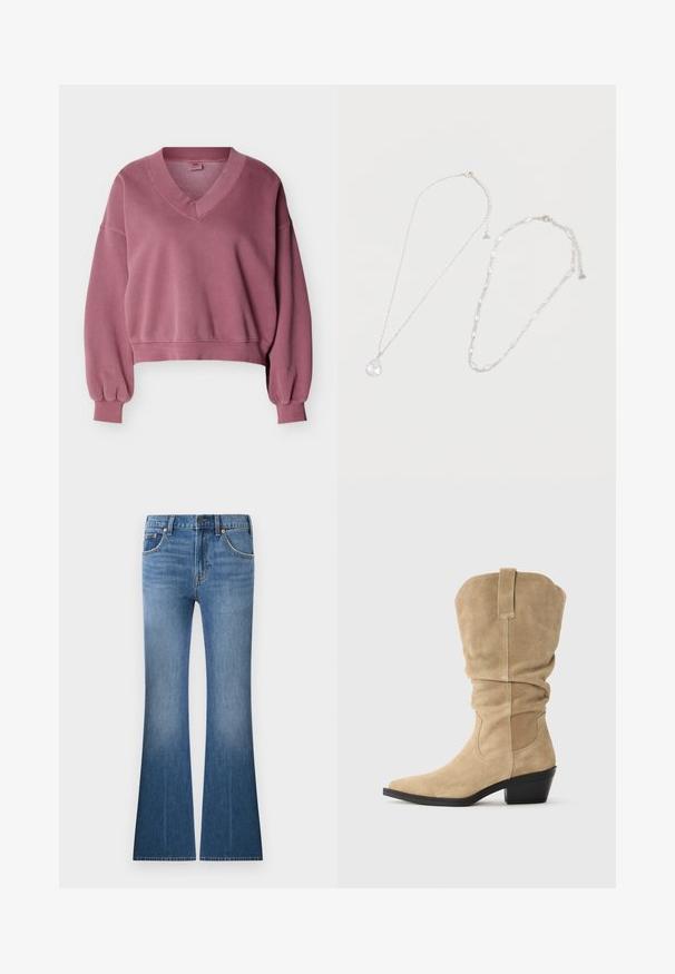 Mauve cropped sweatshirt med V-udskæring, lange pufærmer, ribstrikkede manchetter og ribstrikket taljebånd på en hvid baggrund.; Blå denimjeans med høj talje, forlommer, knap- og lynlåslukning samt vide ben.; Beige ruskinds cowboy støvle med slaskede skaft, spids tå og block heel. Glat tekstur med minimal søm og en bageste trækstrop detalje.; To sølvhalskæder på hvid baggrund, den ene med dråbeformet krystalvedhæng, den anden med ovale krystalled.