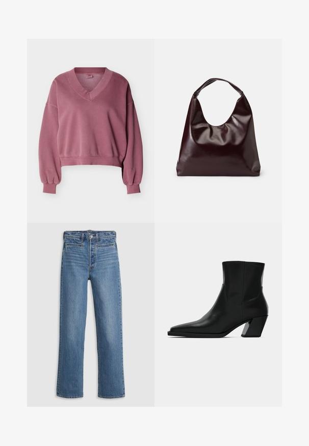 Mauve cropped sweatshirt med V-udskæring, lange pufærmer, ribstrikkede manchetter og ribstrikket taljebånd på en hvid baggrund.; Lys blå, lige ben jeans lavet af denim. Funktioner inkluderer en knaplukning, fem lommer og diskret slid. Ingen udsmykninger eller mønstre.; Sortlæder ankelstøvle med spids tå, en slank silhuet og en kraftig firkantet hæl. Glat tekstur med minimale stikninger.; Bordeaux, skinnende vegansk læder tote taske med en blød, skulpturel form og et bredt, buet håndtag for nem bæring.