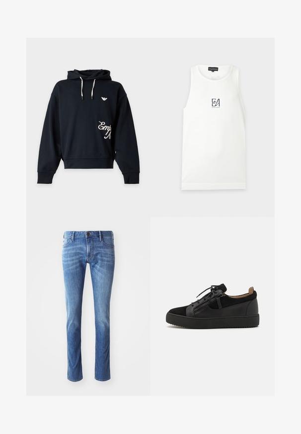 Must kapuutsiga dressipluus valgete nööridega, väike valge logo rinnal ja osaline valge kiri alumisel paremal küljel.; Valge varrukateta topp, millel on väike must „EA Emporio Armani“ logo rinnal keskel.; Heledad sinised denimsirõngad otse jala kujundusega, millel on traditsiooniline viiekohaline stiil ja kerge pleekimine põlvede suunas.; Giuseppe Zanotti DOUBLE ZIP - Tossud - black