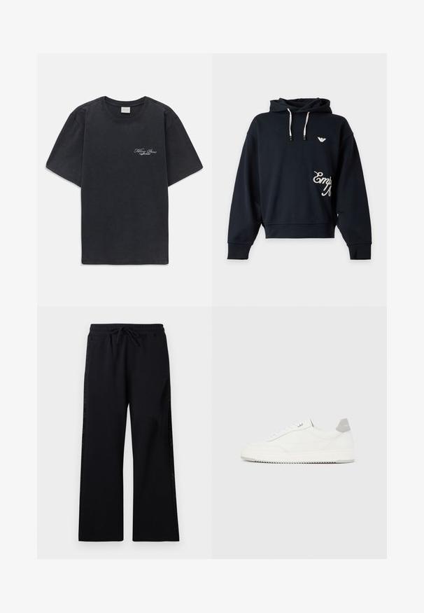 Sudadera negra con capucha con cordones blancos, pequeño logo blanco en el pecho y texto parcial en escritura blanca en la parte inferior derecha.; Camisa de tirantes negra con cuello redondo y logo pequeño en blanco de "Filling Pieces" en el lado izquierdo del pecho.; Les Benjamins Pantalones deportivos - black; Zapatilla blanca de corte bajo con pestaña en el talón gris, cordones blancos y suela texturizada, presentada sobre un fondo claro y liso.