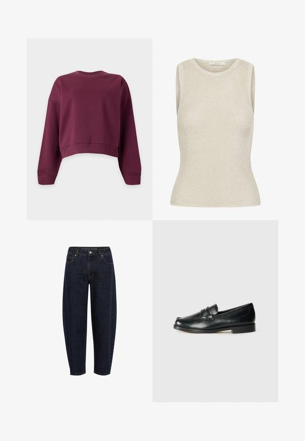 Sweater met lange mouwen, ronde hals en cropped model in effen donker bordeauxrood met geribde boorden en zoom.; Mouwloze beige gebreide top met ronde hals, getailleerde pasvorm en subtiele metallic glans, met het label "GESTUZ" aan de binnenkant van de kraag.; Donkerblauwe high-waist jeans met een ontspannen pasvorm, voorzakken, knoopsluiting en zichtbare stiksels op een witte achtergrond.; Zwarte leren mocassinschoen met een ronde neus, verhoogde stikdetails en een lage hak. Gladde textuur met minimale versieringen.