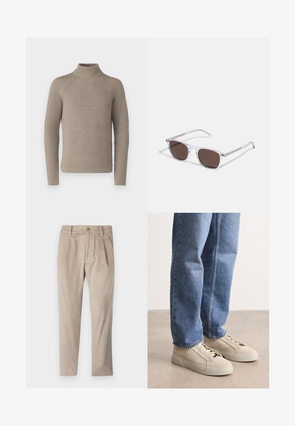 Beige ribbet turtleneck sweater med lange ærmer, som har en tætsiddende silhuet og struktureret strikkemønster. Lavet af et blødt materiale.; Beige kordfløjspants med elastisk talje, knaplukning og plisseelementer, har et lige ben-design og struktureret stof.; BOSS GARYTENN_SDHDEL - Sneakers - natural ten; Klare plastik solbriller med rektangulære brune linser, med tynde, transparente stænger og metal accenter på templerne.
