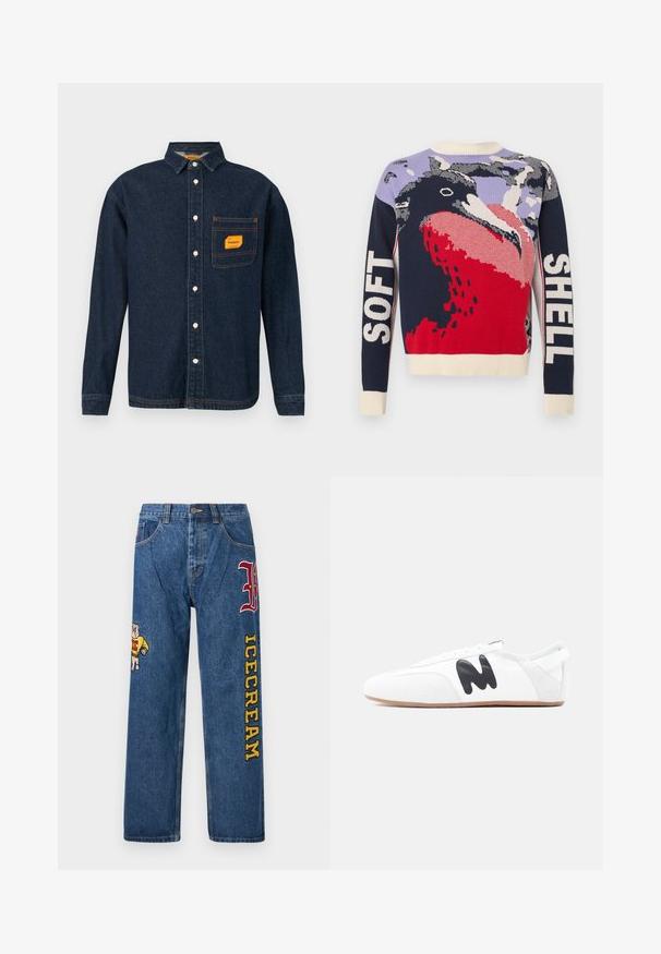 Kleurrijke gebreide trui met een vogelmotief in rood, marineblauw en lavendel. Tekstdetails "SOFT" en "SHELL" op de mouwen. Geribbelde halslijn en manchetten.; Donkerblauwe denim shirt met button-down kraag, oranje label op de borstzak en witte knopen. Zachte textuur met contrasterende stikseldetails.; Lichtblauwe denim jeans met een losse pasvorm. Voorzien van een geborduurde hond op het linkerbeen en de tekst "ICECREAM" in geel op het rechterbeen.; Witte lage sneaker met zwart "M"-logo aan de zijkant en lichtbruine zool, gezien vanaf de buitenkant tegen een effen achtergrond.