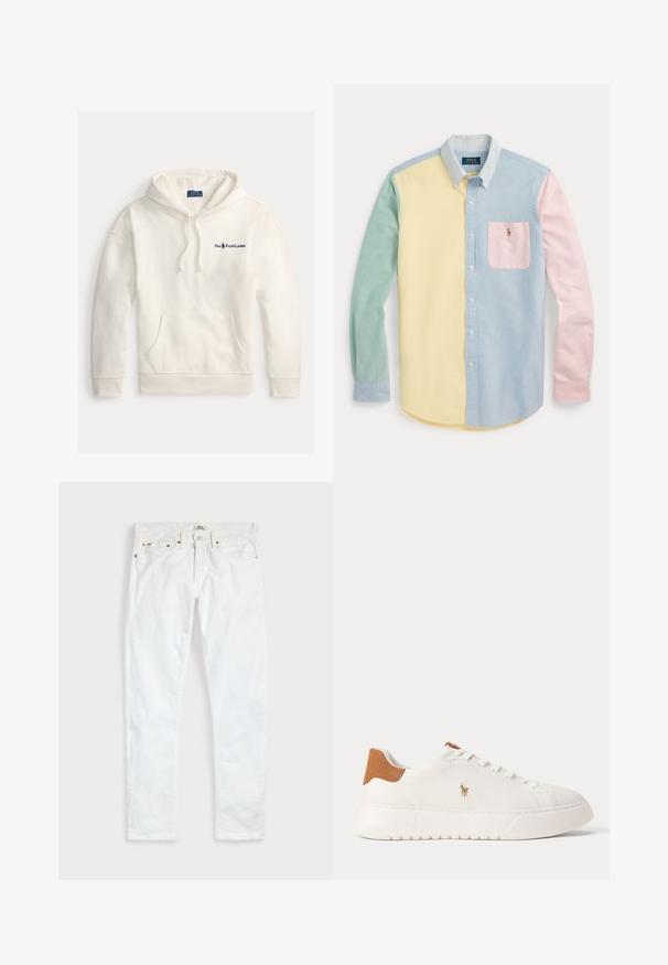 Valge puuvillane kapuutsiga sviiter, millel on ees suur tasku, reguleeritav kapuuts ja vasakul rinnal tikandiga "Polo Ralph Lauren" logo.; Pikavarrukaga nööbitav särk pastelse kollase, rohelise, sinise ja roosa toonidega värviplokkide disainiga, triibulise krae ja rinnataskuga, millel on logo.; Valged kitsad teksapüksid, millel on viis taskut, nööpidega sulgumine ja vööaasad, asetatud tasapinnale ühtlase hele tausta sisse.; Valged madala säärega tossud, pruun kannaosa, valged paelad ja väike tikandiga polo mängija logo külje peal paksu taldmiku kohal.