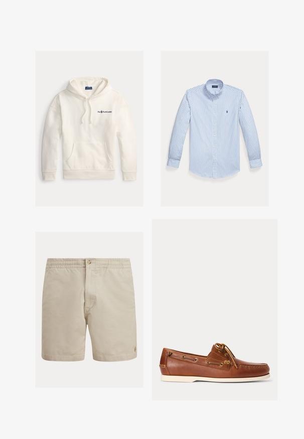 Weißer Baumwoll-Hoodie mit Kängurutasche, Kapuze mit Kordelzug und gesticktem "Polo Ralph Lauren"-Logo auf der linken Brust.; Hellblaues langärmeliges Hemd mit weißen vertikalen Streifen, einem Button-Down-Kragen und einem kleinen Logo auf der linken Brusttasche.; Beige Shorts aus Baumwolle mit einem elastischen Bund, Knopfverschluss und einem dezenten Logo-Akzent. Glatte Textur, gerader Schnitt und maßgeschneidertes Design.; Brauner Leder-Bootsschuh mit weißer Sohle, oben geschnürte Schnürsenkel und Metallösen entlang der Seiten und der vorderen Naht.