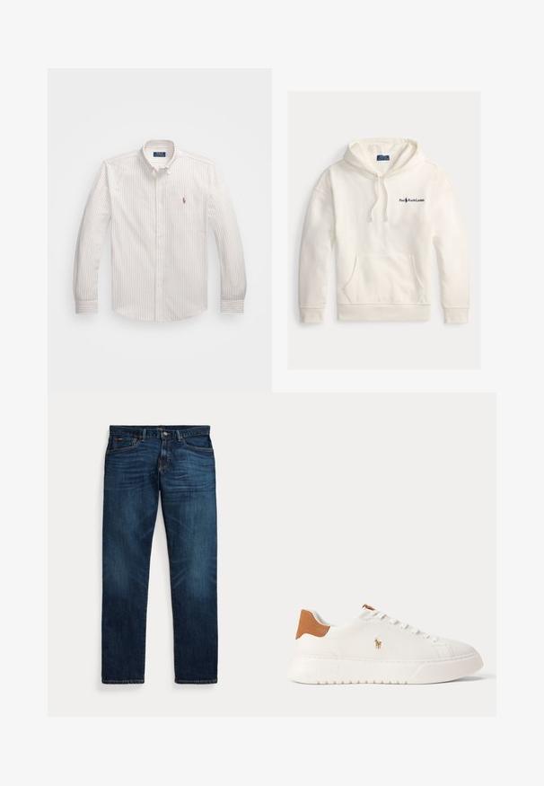 Sudadera blanca de algodón con bolsillo canguro, capucha con cordón y logo bordado "Polo Ralph Lauren" en el lado izquierdo del pecho.; Camisa blanca de botones con delgadas rayas verticales en un beige claro. Presenta un cuello clásico, mangas largas y un pequeño logotipo bordado en el pecho.; Vaqueros de mezclilla azul oscuro con un leve desvanecimiento en los muslos y bolsillos, cierre de botón y cremallera, y diseño de cinco bolsillos, colocados planos sobre un fondo blanco.; Zapatilla blanca de caña baja con lengüeta trasera en color marrón claro, cordones blancos y un pequeño logo bordado de jugador de polo en el lateral sobre una suela gruesa.