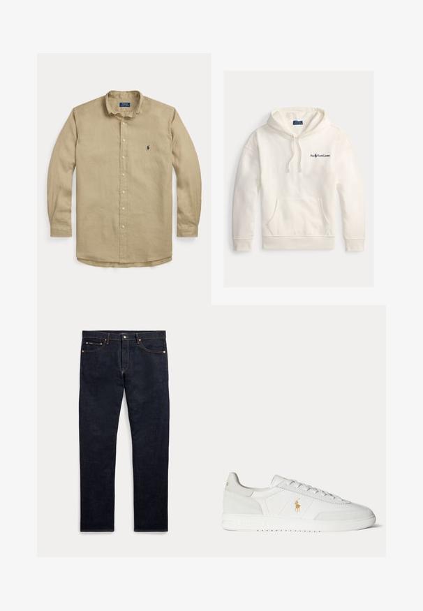 Hvid bomulds-hættetrøje med kængurulomme, snoretræk i hætten og broderet "Polo Ralph Lauren" logo på venstre bryst.; Beige langærmet skjorte med knapper, krave, forreste knapper og lille mørkeblå broderet logo på venstre bryst.; Mørkeblå denimjeans med fem lommer, knap- og lynlås-lukning og synlige gyldne syninger, vist fladt på en lys baggrund.; Hvid lavtop sneaker med snøredesign, guldfarvet Polo Ralph Lauren-logo på siden og tekstureret sål på en ensfarvet baggrund.
