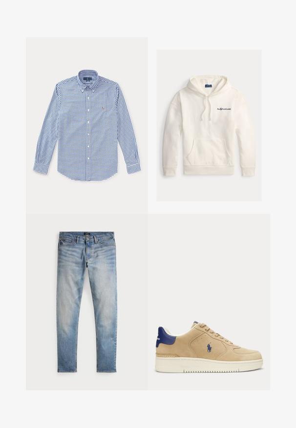 Witte katoenen hoodie met een kangoeroezak, trekkoord capuchon en een geborduurd "Polo Ralph Lauren" logo op de linkerborst.; Blauw-wit geruit overhemd met lange mouwen, een kraag en een klein geborduurd logo op de linkerborst.; Lichtblauwe denim jeans met een vervaagde afwerking, vijfzakkenontwerp en contrasterende stiksels. Heeft een ritssluiting en riemlussen. Rechte snit.; Beige suède sneaker met navy blauwe hieltab en logo, witte zool, veterdesign en borduursel van een polospeler aan de zijkant.