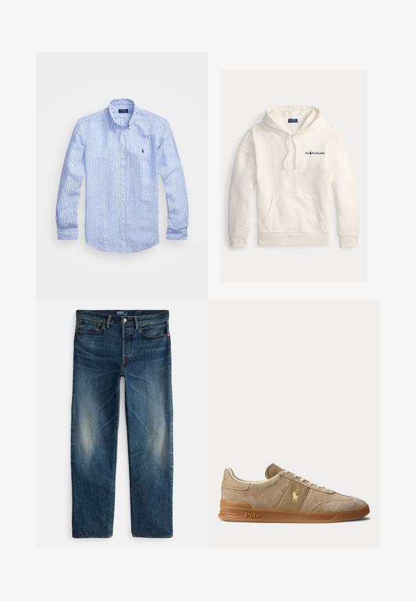 Hoodie en coton blanc avec une poche kangourou, capuche réglable, et logo "Polo Ralph Lauren" brodé sur la poitrine gauche.; Chemise à rayures bleues et blanches à manches longues en coton, dotée d'un col boutonné, de boutons sur le devant et d'un petit logo brodé sur la poitrine.; Jean en denim bleu indigo avec une coupe droite, un style cinq poches, et un léger effet délavé sur les cuisses. Fermeture par bouton en métal et fermeture éclair.; Basket basse beige en daim et cuir avec semelle en gomme, lacets blancs, et logo Polo sur le côté et la semelle.