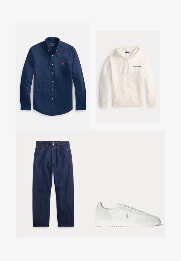 Valge puuvillane kapuutsiga sviiter, millel on ees suur tasku, reguleeritav kapuuts ja vasakul rinnal tikandiga "Polo Ralph Lauren" logo.; Tumesinine puuvillane nööbitav särk, millel on terav krae, pikad varrukad ja väike punane tikandiga logo rinnal.; Tumesinised sirgete säärega teksapüksid, viis taskut, nööpkinnitus ja nähtavad õmblused.; Valge madala säärega tennisking paeltega, kuldse Polo Ralph Laureni logoga küljel ja tekstureeritud tallaga ühevärvsel taustal.