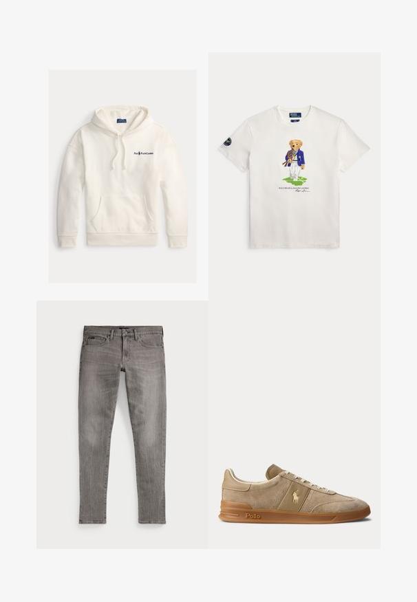 Biela bavlnená mikina s klokaním vreckom, kapucňou so šnúrkou a vyšívaným logom "Polo Ralph Lauren" na ľavej strane hrudníka.; Biele tričko s medvedíkom v modrom saku držiacim tenisové rakety, stojaci na zelenom dvorci s textom pod ním.; Sivé džínsy, slim fit, so rovnými nohavicami. Obsahujú klasický dizajn s piatimi vreckami, detaily šitia a jemne vybledlú textúru.; Béžové nízke tenisky z brúseného semišu a kože s gumovou podrážkou, bielymi šnúrkami a logom Polo na boku a na podrážke.