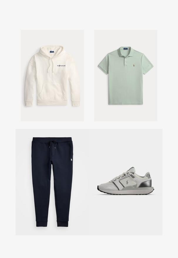 Biela bavlnená mikina s klokaním vreckom, kapucňou so šnúrkou a vyšívaným logom "Polo Ralph Lauren" na ľavej strane hrudníka.; Svetlozelené polo tričko s krátkym rukávom, golierom, dvoma gombíkmi a malým vyšívaným logom koňa a jazdca na ľavej strane hrudníka.; Námornícke modré tepláky s pásom na šnúrku, elastickými manžetami a malým bielym logom na hornej ľavej nohe. Mäkka textúra látky.; Biele a sivé nízke tenisky s panelmi z priedušnej sieťoviny a kože, čierne logo na boku, sivá podrážka a čierny gumový dezén.