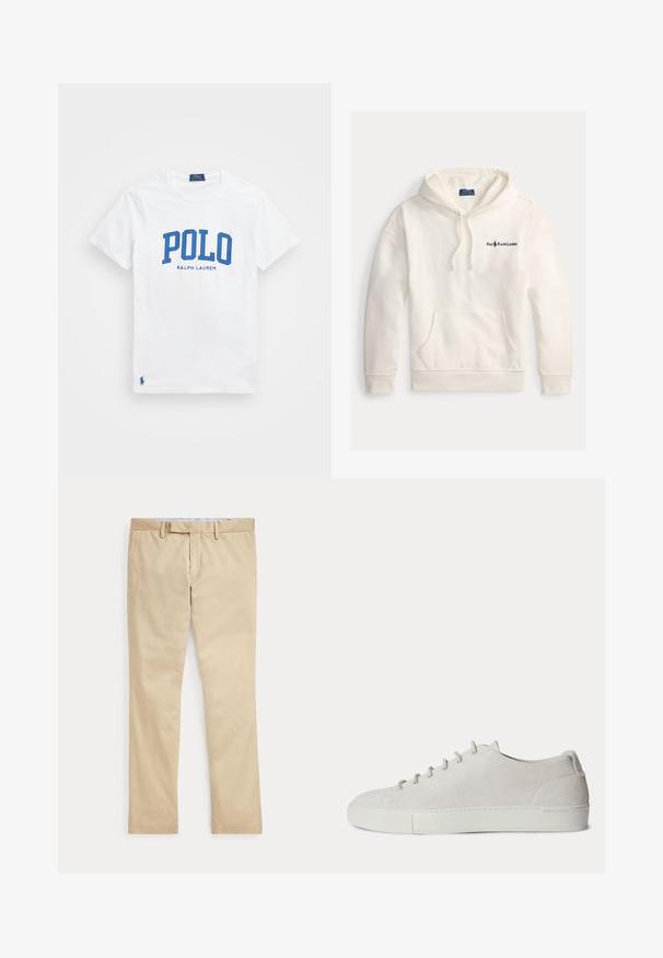 Biela bavlnená mikina s klokaním vreckom, kapucňou so šnúrkou a vyšívaným logom "Polo Ralph Lauren" na ľavej strane hrudníka.; Biela bavlnená tričko s modrým textom "POLO" a menším textom "RALPH LAUREN". Obsahuje malé modré logo na ľavom okraji.; Béžové nohavice s rovnými nohavicami, s pútkami na opasok a predným zipsom, položené na bielom pozadí.; Biely nízky semišový teniska so šnurovaním vpredu a gumovou podrážkou, minimalistický dizajn.