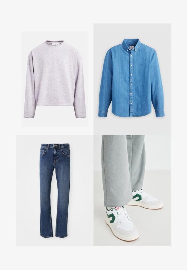 Sudadera de manga larga color gris claro con cuello redondo, ajuste relajado y etiqueta "Redefined Rebel" en el cuello.; Camisa de mezclilla azul claro con mangas largas, cuello abotonado y botones blancos. Presenta un pequeño logo bordado en el pecho.; Jeans de mezclilla azul claro con un diseño de pierna recta, estilo de cinco bolsillos y cierre de botón metálico. Presenta costuras sutiles y una textura suave.; Zapatillas blancas y verdes con materiales de cuero liso y ante, que presentan un destacado acento de logo verde y cordones blancos. Pantalones grises parcialmente visibles.