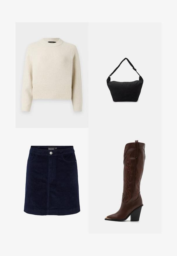 Lys beige strikket sweater med ribkant og tekstureret krop. Har rund hals og lange ærmer med en afslappet pasform.; Marineblå fløjl mini nederdel med en let A-form, der har knaplukning foran og to forlommer. Glat tekstur med synlige ribber.; RAID RIMSKY - Højhælede støvler - brown; Sort stof skuldertaske med en blød tekstureret overflade, rund form og en enkelt rem. Minimalistisk design uden synligt hardware eller accenter.