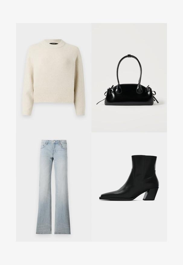 Pull tricoté beige clair avec un ourlet côtelé et un corps texturé. Il dispose d'un col rond et de manches longues avec une coupe décontractée.; Jean flare en denim bleu clair avec une finition délavée, cinq poches et une fermeture à bouton. Le tissu a une texture lisse et un léger stretch.; Bottine en cuir noir avec un bout pointu, une silhouette élégante et un talon carré massif. Texture lisse avec des détails de couture minimalistes.; Petit sac à main noir brillant avec deux longues anses et des détails à cordon sur les côtés sur un fond clair uni.