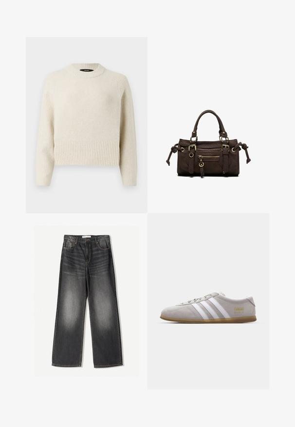 Lys beige strikket sweater med ribkant og tekstureret krop. Har rund hals og lange ærmer med en afslappet pasform.; Mørkegrå brede jeans lavet af denim, med fem lommer, en frontlynlås og kontrastfarvet syninger langs sømmene.; Grå suedestøvle med hvide læderstriber og guldlogo-detalje. Flad gummisål, rund tå og klassisk snølukkedesign.; Mørkebrun læderhåndtaske med dobbelte håndtag, forreste lynlåslomme, dekorative spænder og sideknuder på hvid baggrund.