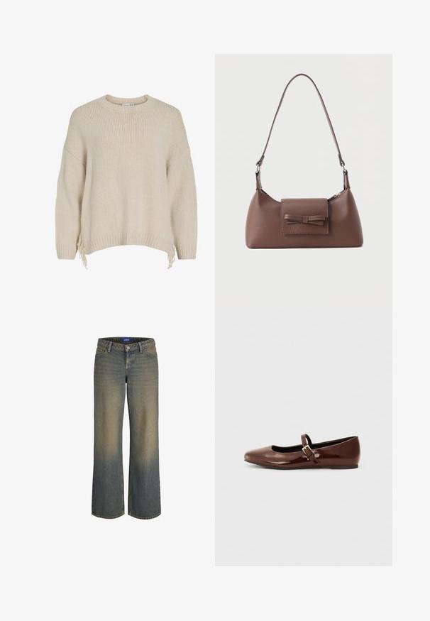 Lys beige strikket sweater med rund halsudskærning, faldne skuldre, ribbede manchetter og frynsede kantdetaljer. Blød tekstur, afslappet design.; Bredde ben blå denim jeans med en lys til mørk gradient, fem-lomme design og lukning med knap. Syede detaljer på kanterne.; Brun patentlæder balletflade med firkantet tå og strop med en lille guldbuckle. Glat tekstur, lav hæl og minimalistisk design.; Brun skuldertaske i læder med en frontlomme med klap, der har en sydd sløjfedetalje, og en justerbar rem.