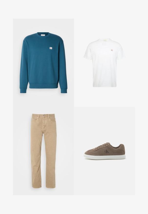 Sweatshirt turquoise en tissu doux, avec un col rond, des manches longues, des poignets côtelés et un petit patch logo sur la poitrine.; T-shirt blanc à manches courtes et col rond avec un petit patch logo Calvin Klein rouge et noir sur la poitrine gauche.; Pantalons en coton beiges au design à jambe droite, avec poches avant, fermeture à bouton et détails de couture subtils le long des coutures.; Baskets basses en daim taupe avec lacets beiges, semelle en caoutchouc blanche et logo subtil "cK" sur le côté.