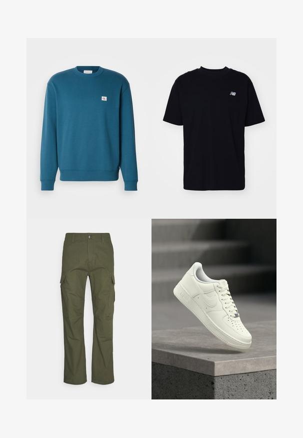 Turkis sweatshirt lavet af blødt stof, med en rund halsudskæring, lange ærmer, ribbede manchetter og en lille logo-patch på brystet.; Sorte bomulds T-shirt med rund hals, korte ærmer og et lille præget logo på venstre bryst. Klassisk pasform og glat tekstur.; Cargo bukser i mørke olivengrøn med flere sidelommer, lige snit og et slidstærkt stof med en tekstureret overflade.; Hvid lædersneaker med lavprofildesign, tekstureret overflade, perforeringer på tåen og sølvfarvede detaljer på snørebånd og mærkning.