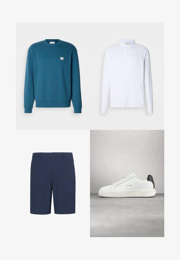 Sweatshirt turquoise en tissu doux, avec un col rond, des manches longues, des poignets côtelés et un petit patch logo sur la poitrine.; Chemise polo blanche à manches longues en tissu doux, dotée d'un col classique, d'une patte de boutonnage à trois boutons et d'un logo discret sur la poitrine.; Shorts bleu marine en tissu léger, dotés d'un devant plat, de passants pour ceinture et d'une fermeture à bouton, adaptés à une tenue décontractée.; Baskets blanches avec une tige en cuir lisse, des lacets plats et une semelle blanche surélevée. Présente un accent noir au talon et un logo embossé.