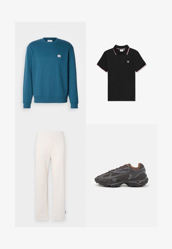 Türkisfarbener Pullover aus weichem Stoff, mit Rundhalsausschnitt, langen Ärmeln, gerippten Bündchen und einem kleinen Logopatch auf der Brust.; Schwarzes Poloshirt mit einem klassischen Kragen, Knopfleiste mit drei Knöpfen und rot-weißen Streifenakzenten am Kragen und den Ärmeln. F-Logo auf der Brust.; Beige Baumwoll-Sweatpants mit elastischem Bund und besticktem Logo. Gerades Bein-Design mit glatter Textur und dezenten Nähten.; Lacoste Sneaker in Dunkelgrau aus Mesh und Synthetikmaterial, mit einer strukturierten Sohle und braunen Akzenten am Kragen und Logo.