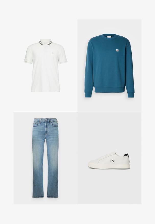 Türkis sweatshirt pehmest kangast, millel on ümmargune kaelus, pikad varrukad, soonikkoes mansetid ja väike logo õlal.; Valge lühikeste varrukatega polosärk halli triibulise kraega ja väikese "cK" logoga vasakul rindkerel.; Helesinised teksapüksid sirge sääre lõikega, viie taskuga ja pleekinud viimistlusega. Omavad nööpidega esitõmmet ja vööaasasid.; Valged nahast spordijalatsid ümarate varvastega, tasase kummist tallaga ja musta kandiosa aktsendiga. Küljel on silmapaistev must Calvin Kleini logo.
