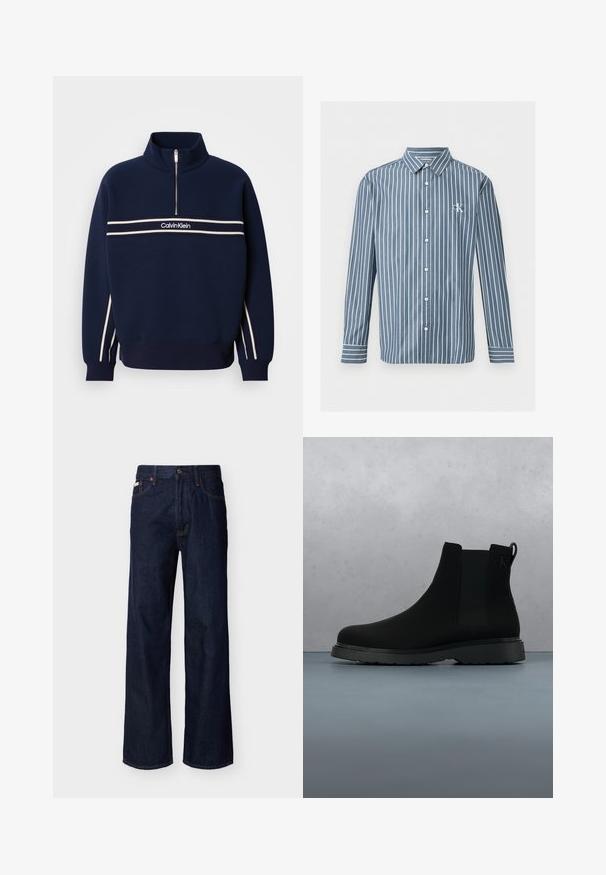 Marineblauwe sweatshirt met een halve ritssluiting bij de kraag, witte strepen over de borst en branding in het midden. Gebreide textuur met geribbelde boorden.; Blauw overhemd met lange mouwen, witte verticale strepen en een klein wit "CK"-logo op de linkerborst.; Donkerblauwe rechte spijkerbroek met een ontwerp van vijf zakken en knoopsluiting, getoond op een effen lichte achtergrond.; Zwarte enkelboot van soepel materiaal met subtiele stiksels, een rubberen zool en een slank ontwerp, gepositioneerd boven een houten textuur.