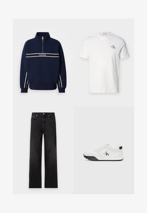 Sudadera azul marino con cuello de media cremallera, franjas blancas en el pecho y logotipo en el centro. Textura de punto con puños acanalados.; Camiseta de algodón blanca de manga corta con pequeño logo gris de "Calvin Klein" en el pecho izquierdo, cuello redondo y corte regular.; Jeans negros de pierna recta con diseño de cinco bolsillos, presillas para cinturón y cierre de botón, mostrados sobre un fondo blanco.; Zapatilla blanca de Calvin Klein con suela negra, paneles de ante y malla, logo CK en el lado y marca Calvin Klein en el talón y la suela.