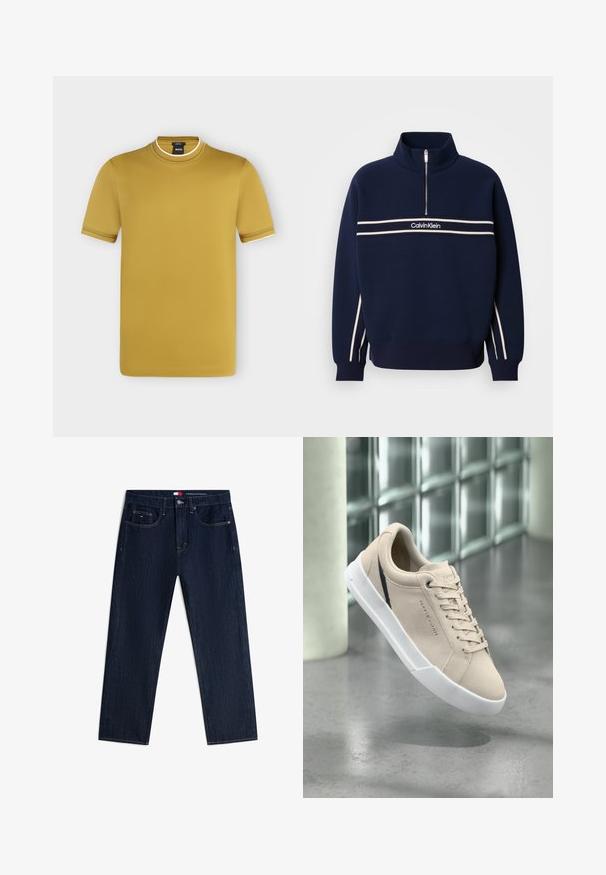Sweat-shirt bleu marine avec col demi-fermeture éclair, bandes blanches traversant la poitrine, et marquage au centre. Texture en maille avec poignets côtelés.; T-shirt à manches courtes couleur moutarde avec bordure blanche au col et aux manches, étiquette de marque noire à l’intérieur du col.; Jean droit bleu marine avec poches avant, fermeture par bouton et petit logo sur la poche à monnaie droite.; Baskets basses beiges à semelle blanche, lacets et marquage subtil, présentées en lévitation au-dessus d'un sol en béton poli près d'un mur en blocs de verre.