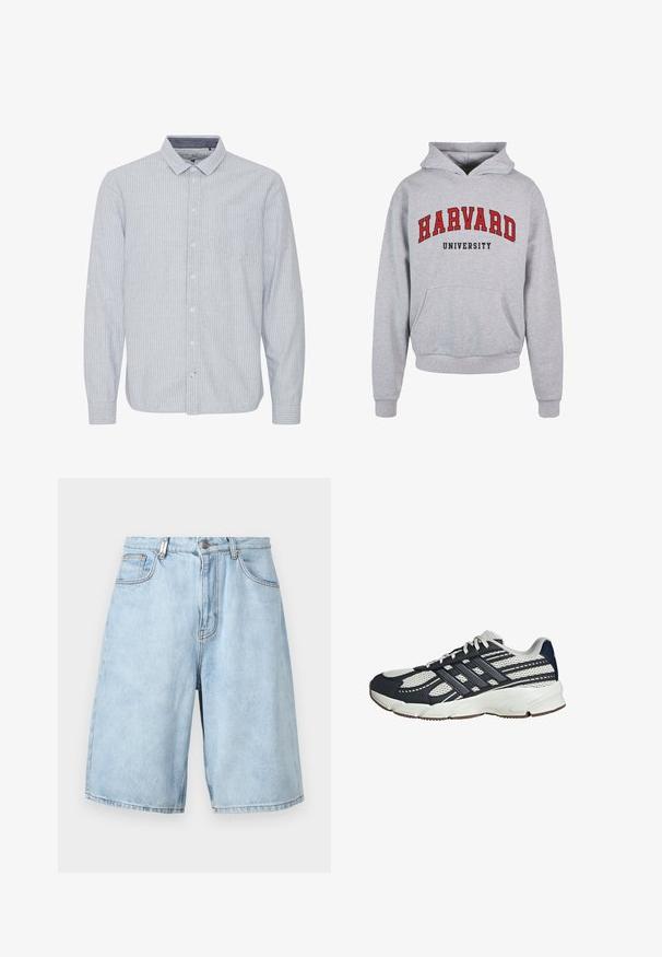 Grå hætte sweatshirt med en frontlomme; har rød tekst "HARVARD" og "UNIVERSITY". Materialet er en bomuldsblanding med ribbede manchetter og kant.; Lys blå skjorte med knapper og lodrette hvide striber, krave, enkelt brystlomme og mulighed for opbrettede ærmer. 100% bomuldsstof.; Lys blå denimshorts med løs pasform, der har to forlommer, lynlås og synlige stikninger.; Marineblå og hvide sportssko med mesh-overdel, tre mørke striber, en polstret sål og en tekstureret gummisål. Letvægtsdesign.