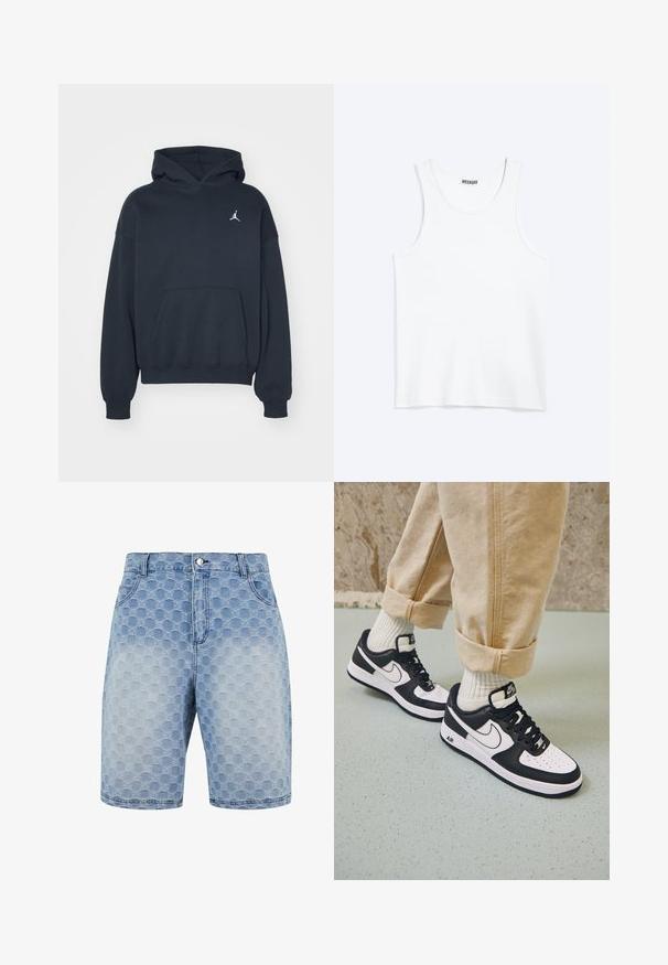 Čierna mikina s kapucňou vyrobená z bavlny, s kloktanou vreckom, vo voľnom strihu a s malým bielym logom Jumpman na ľavej strane hrudníka.; Biele tielko bez rukávov s okrúhlym výstrihom a štítkom značky Weekday na vnútornej zadnej strane goliera, zobrazené na svetlom pozadí.; Svetlo modré denimové šortky s textúrovaným vzorom prekrývajúcich sa kruhov. Obsahujú päť vreciek a klasické zapínanie na gombík a zips.; Čierno-biele tenisky Nike Air Force 1 s koženým zvrškom, perforovanou špičkou a textúrovanou podrážkou, kombinované s ohrnutými béžovými nohavicami a bielymi ponožkami.