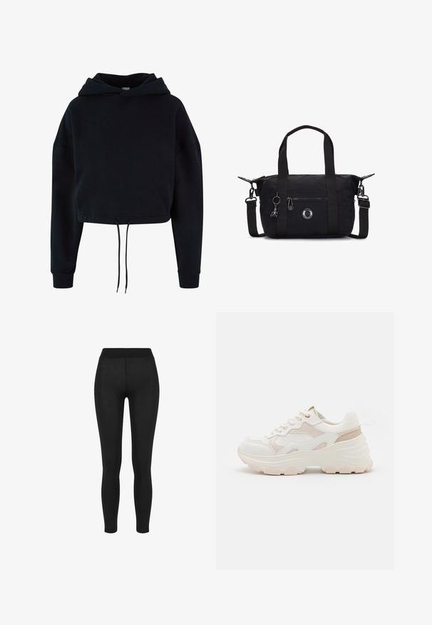 Sort cropped hoodie lavet af blødt bomuldsstof. Har en snor i kanten og en stor hætte, med lange ærmer og ribstrikkanter.; Sorte leggings i glat stof, med høj talje, tætsiddende design og uden synlige sømme, velegnet til afslappet eller aktivt brug.; Hvide og lyserøde sneakers med en chunky sål, tekstureret stof, glatte læderdetaljer og dekorative stikninger.; Sort nylon taske med dobbelte håndtag, justerbar rem, frontlomme med lynlås, logo-patch og metaldetaljer. Kompakt design velegnet til daglig brug.