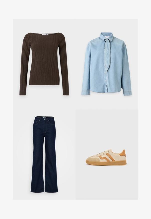 Brun ribstrikket langærmet top med firkantet udskæring og tætsiddende design, lavet af blødt strikstof for komfort.; Lyseblå denim-langærmet skjorte med spids krave og smalt stofbånd ved halsudskæringen, knaplukning foran.; ONLY Tall ONLJUICY WIDE RINSE - Wide leg - dark blue denim; Beige sneakers med lysebrun ruskindstydel, brune læderstriber, gummisål og snøredesign, sidevisning på hvid baggrund.