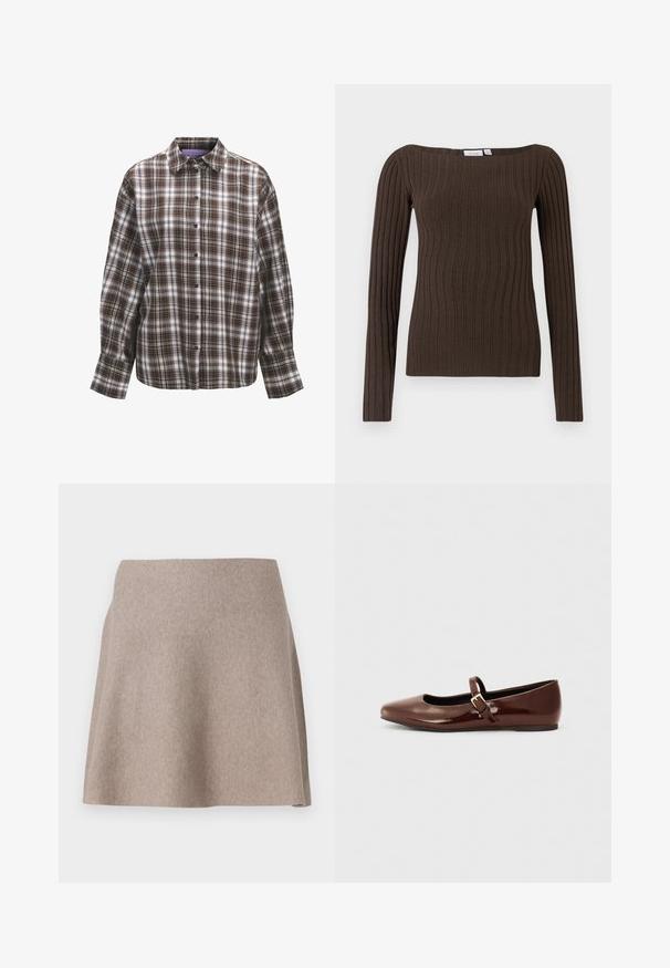 Top de manga larga marrón con textura acanalada, cuello cuadrado y diseño ajustado, hecho de un tejido de punto suave para mayor comodidad.; Camisa a cuadros marrón y blanca con cuello, mangas largas y botones al frente. Presenta un patrón a cuadros con diferentes anchos de rayas y texturas.; Una falda beige de corte acampanado, hecha de una tela suave con una textura lisa y un dobladillo limpio. Diseño sencillo sin patrones o adornos visibles.; Bailarina de charol marrón con punta cuadrada y tira que presenta una pequeña hebilla dorada. Textura suave, tacón bajo y diseño minimalista.