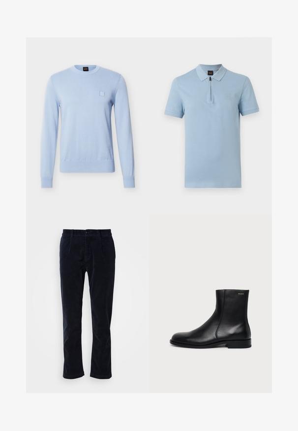 Pull en maille bleu clair à manches longues avec col rond, poignets et ourlet côtelés, et un petit détail carré cousu sur le côté gauche de la poitrine.; Polo à manches courtes bleu clair avec un col zippé et une petite écusson carré sur la poitrine gauche.; Pantalons en velours côtelé marine avec un devant plat, deux poches avant et une fermeture à un bouton. Texture douce, jambes légèrement fuselées.; Bottine en cuir noir à talon bas, couture latérale et petit logo "HUGO" sur le revers supérieur sur un fond uni.