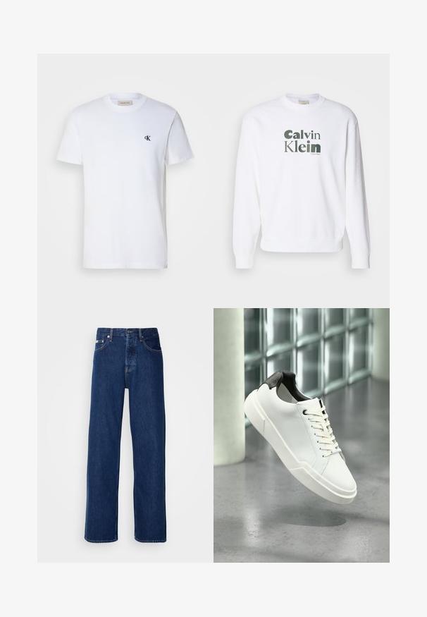 Sudadera blanca con puños y dobladillo acanalados, que presenta un gran logotipo verde de "Calvin Klein" en una fuente moderna impreso en la parte delantera.; Camiseta de algodón blanca con mangas cortas y cuello redondo. Presenta un pequeño logo negro "ck" en el lado izquierdo del pecho. Corte clásico. Textura suave.; Vaqueros de mezclilla azul oscuro con un diseño de pierna ancha, que presentan un cierre de botón y el clásico estilo de cinco bolsillos. La tela tiene una textura suave.; Zapatilla blanca de perfil bajo con lengüeta del talón texturizada en negro, cordones blancos y suela gruesa sobre un suelo de cemento pulido cerca de bloques de vidrio.
