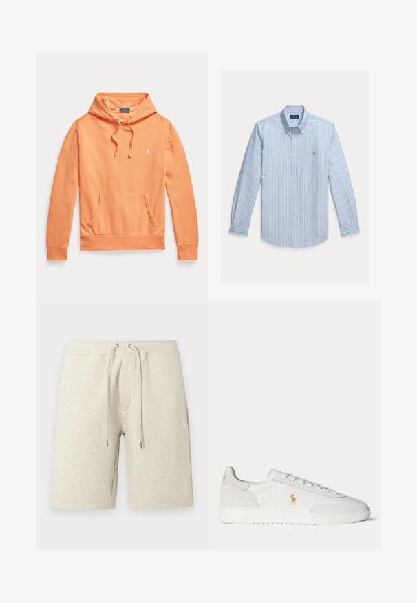 Oranje hoodie met lange mouwen, voorzak en trekkoorden, met een klein wit Polo Ralph Lauren-logo op de borst.; Lichtblauw overhemd met lange mouwen, witte verticale strepen en een klein geborduurd Polo Ralph Lauren-logo op de borst.; Beige sportkorte broek gemaakt van textuurbuffer, met een elastische tailleband met koordje en zijzakken. Subtiele logodetail.; Witte lage sneaker met vetersluiting, gouden Polo Ralph Lauren-logo aan de zijkant en een gestructureerde zool op een effen achtergrond.