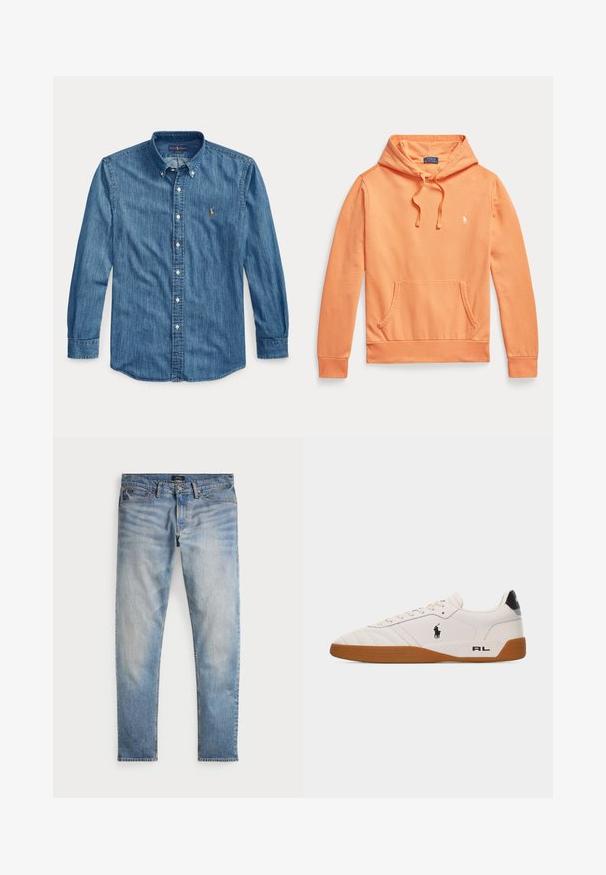 Oranje hoodie met lange mouwen, voorzak en trekkoorden, met een klein wit Polo Ralph Lauren-logo op de borst.; Blauw denim overhemd met lange mouwen, kraag en klein geborduurd logo op de linkerborst naast de knopen.; Lichtblauwe denim jeans met een vervaagde afwerking, vijfzakkenontwerp en contrasterende stiksels. Heeft een ritssluiting en riemlussen. Rechte snit.; Witte lage sneaker met een bruine rubberen zool, zwart Polo Ralph Lauren-logo aan de zijkant en de tekst "RL" op het hielgedeelte.