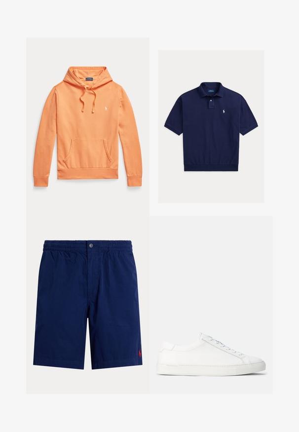 Oranger Kapuzenpullover mit langen Ärmeln, Fronttasche und Kordelzug, mit kleinem weißem Polo Ralph Lauren-Logo auf der Brust.; Marineblaues Polo Ralph Lauren Kurzarmshirt mit Kragen, Zweiknopfleiste und weiß besticktem Logo auf der linken Brust.; Marineblaue Herren-Shorts mit elastischem Bund, Knopfverschluss und kleinem roten besticktem Logo am unteren rechten Bein.; Weiße Leder-Sneaker mit glatter Textur, abgerundeter Form, flacher Gummisohle und weißen Schnürsenkeln. Verfügt über ein minimalistisches Design und dezente Markenkennzeichnung.
