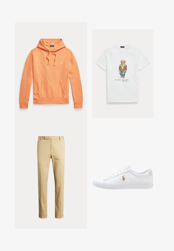 Oranje hoodie met lange mouwen, voorzak en trekkoorden, met een klein wit Polo Ralph Lauren-logo op de borst.; Wit katoenen T-shirt met een afbeelding van een geklede cartoonbeer. Opvallende details zijn een bruine jas, gele hoodie en blauwe spijkerbroek.; Beige broek met rechte pijpen, riemlussen, een gulp aan de voorkant en omgeslagen zomen, afgebeeld tegen een effen lichte achtergrond.; Witte canvas sneakers met een laag ontwerp, featuring een beige hieltab en een klein geborduurd logo aan de zijkant. Rubber zool.