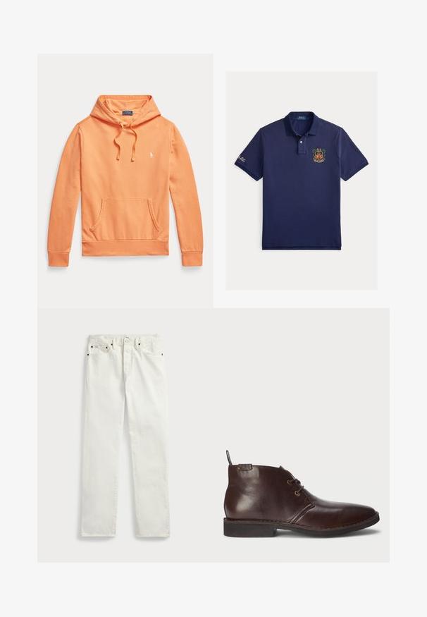 Oranger Kapuzenpullover mit langen Ärmeln, Fronttasche und Kordelzug, mit kleinem weißem Polo Ralph Lauren-Logo auf der Brust.; Marineblaues Poloshirt aus Baumwolle mit kurzen Ärmeln, Drei-Knopf-Leiste und besticktem Logo mit Krone und Schild auf der Brust.; Weiße Denim-Jeans mit geradem Schnitt, ausgestattet mit fünf Taschen, Metallknöpfen und Ziernähten entlang der Nähte. Glatte Textur.; Dunkelbrauner Leder-Stiefelette mit zwei Ösen, Ziehlasche an der Ferse und schwarzer Gummisohle, von der Außenseite auf einem weißen Hintergrund gezeigt.