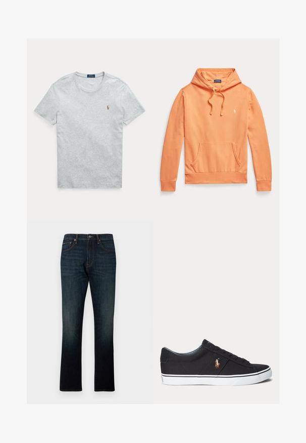Oranje hoodie met lange mouwen, voorzak en trekkoorden, met een klein wit Polo Ralph Lauren-logo op de borst.; Lichtgrijs T-shirt met korte mouwen en ronde hals met klein geborduurd Polo Ralph Lauren-logo op de linkerborst.; Donkerblauwe rechte denim jeans met vijf zakken en oranje stiksels, plat weergegeven op een witte achtergrond.; Zwarte lage sneaker met witte zool en gestikt polo-speler logo aan de zijkant, met veterluiting en textuurstof bovenwerk.