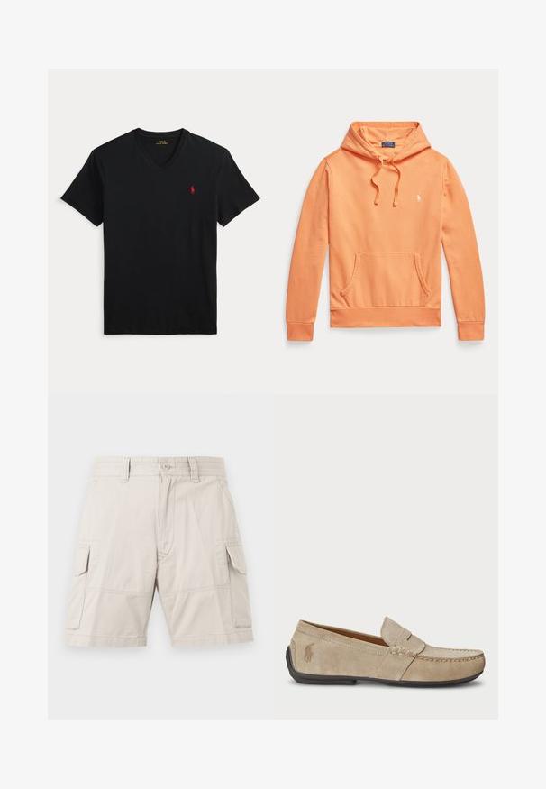 Orange hættetrøje med lange ærmer, frontlomme og snore, med lille hvid Polo Ralph Lauren-logo på brystet.; Sort V-hals T-shirt med korte ærmer og et lille rødt Polo Ralph Lauren-logo på venstre bryst.; Beige cargoshorts med knaplukning, bæltestropper, sidelommer og ekstra klaplommer på hvert lår.; Beige ruskindsloafers med syninger, flad gummisål og et lille logo på siden. Klassisk slip-on design, blød tekstur.