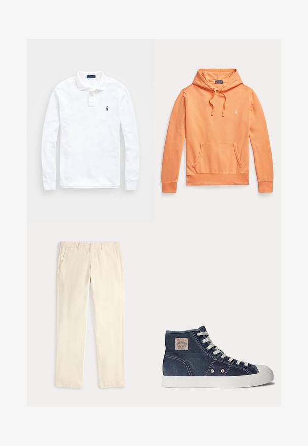 Oranžikasi pikkade varrukatega kapuutsiga dressipluus, ees tasku ja paelad, väikese valge Polo Ralph Laureni logoga rinnal.; Pikkade varrukatega valge polo särk, mis on valmistatud puuvillast, koos kaelusega ja ühe sinise logoga vasakul rinnal. Lihtne, klassikaline disain.; Kreemikas sirge jalaosaga püksid vöö aasade ja küljetaskutega, esitatud tasaselt heledal taustal.; Tumesinine kõrge säärega toss valgete paeltega, valge kummitald, metallist silmused ja väike beež kaubamärgi märk pahkluu piirkonnas.