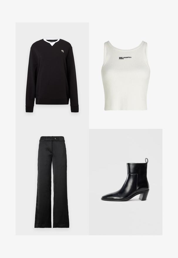 Sort sweatshirt med lange ærmer, V-hals, hvid krave og lille broderet logo på brystet. Blødt stof med en glat overflade.; Hvid ribbet tanktop med en rund halsudskæring, der har sort "KARL LAGERFELD JEANS" logo på forsiden.; Sorte wide-leg bukser med en glat overflade, der har en talje og knaplukning. Simpelt design, velegnet til forskellige anledninger.; Sort læder ankelstøvle med spids tå, geometrisk stablet hæl og en løftestrop bagpå. Glat tekstur og slankt design.
