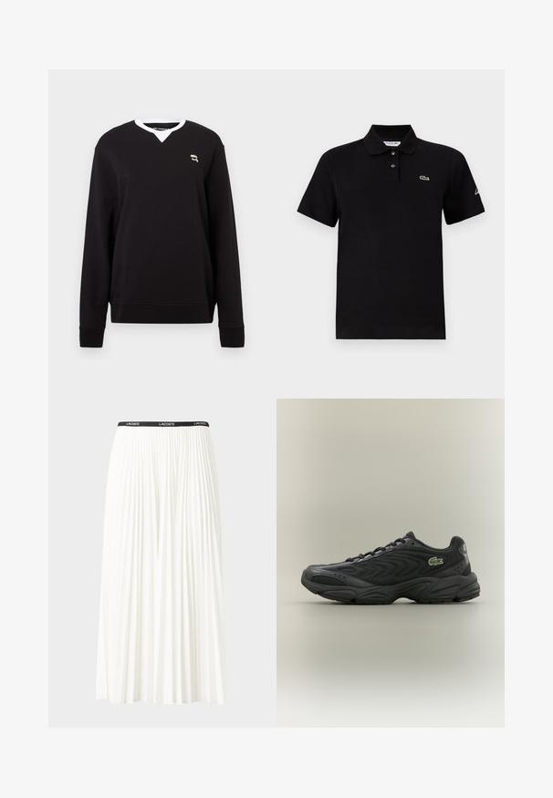 Sort sweatshirt med lange ærmer, V-hals, hvid krave og lille broderet logo på brystet. Blødt stof med en glat overflade.; Sort kortærmet polo med to knapper, en krave, lille grønt krokodillelogo på brystet og hvid skrift på venstre ærme.; Plisseret hvid nederdel med en sort elastisk talje, der har "LACOSTE"-logoet. Mellemlang design med blød tekstur.; Sort træningssko med en struktureret overdel, bølget design og polstret krave. Har en gummisål og et lille grønt logo på siden.